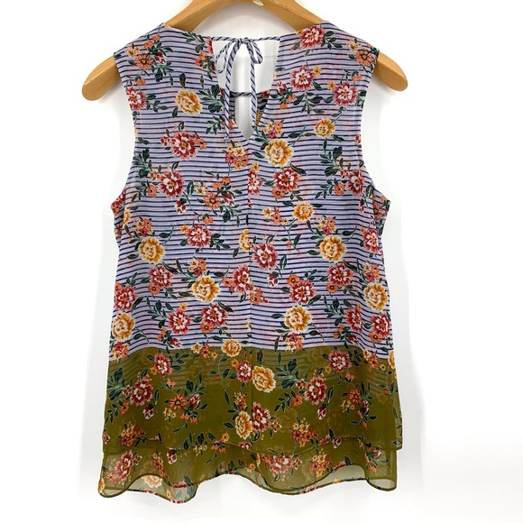 Cabi Penelope Top # 5354, Floral & Striped Print Sleeveless Layered Top, Small - Picture 14 of 16